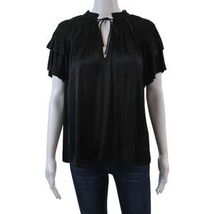 Caballero Collection Womens Short Sleeve Tied Neck Blouse Top Black Size L